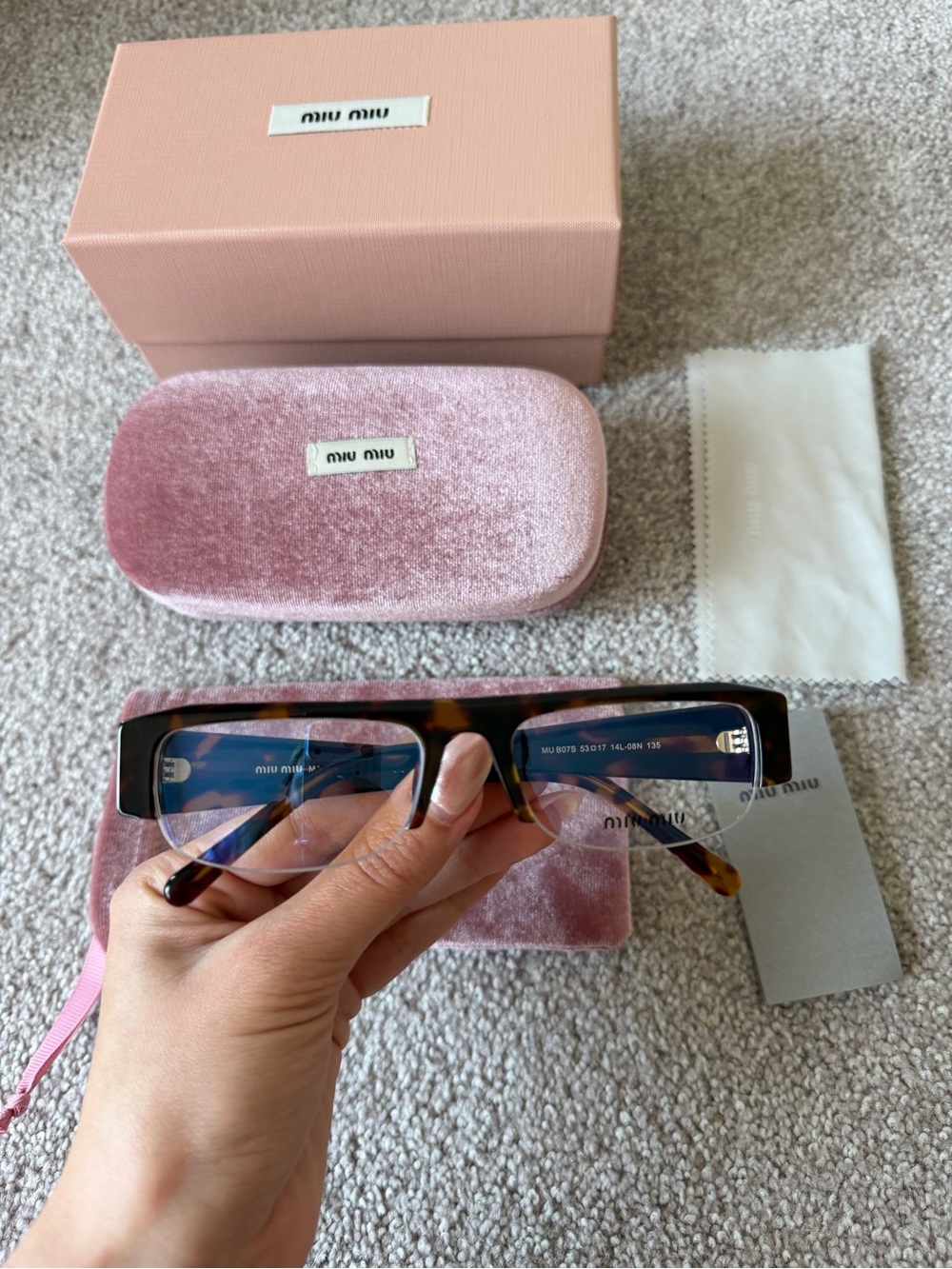 Miu Miu Tortoiseshell Rectangular Sunglasses with Pink Velvet Case